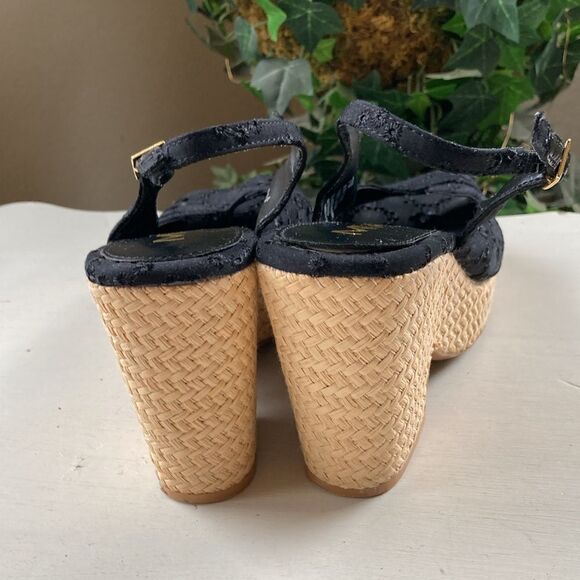 Mia Black Embroiled Floral Peep Toe Platform Raffia Espadrille Sandals Size 7M - Picture 6 of 15